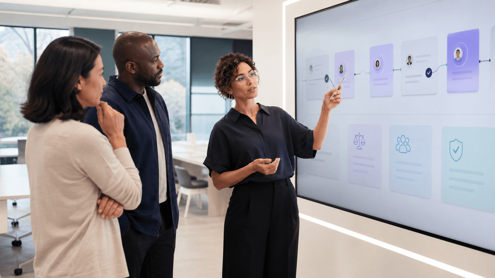 HR leaders reviewing a human-centered AI workflow in a learning studio